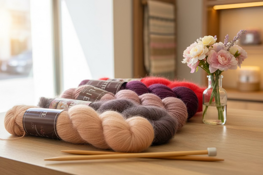 Combo Pixel châle Vertice Unite Stephen West cinq écheveaux roses framboise et violet Wooliette