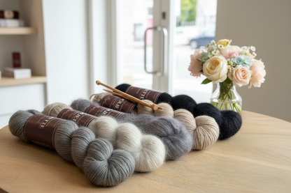 Combo Pulse châle Vertice Unite Stephen West cinq écheveaux gris beige et noir Wooliette