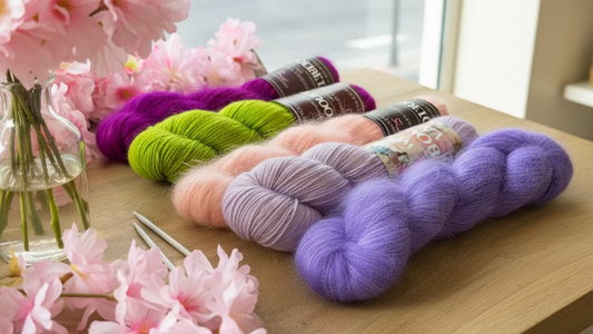 Combo Vertex châle Vertice Unite Stephen West cinq écheveaux lilas vert anis et magenta Wooliette