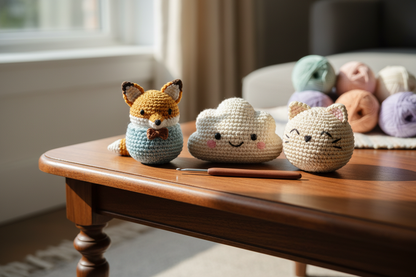 des amigouroumis mignons et chic  qui sont posés sur une table basse en bois chic, un crochet posé a coté, des petites pelotes de coton en arrière plan