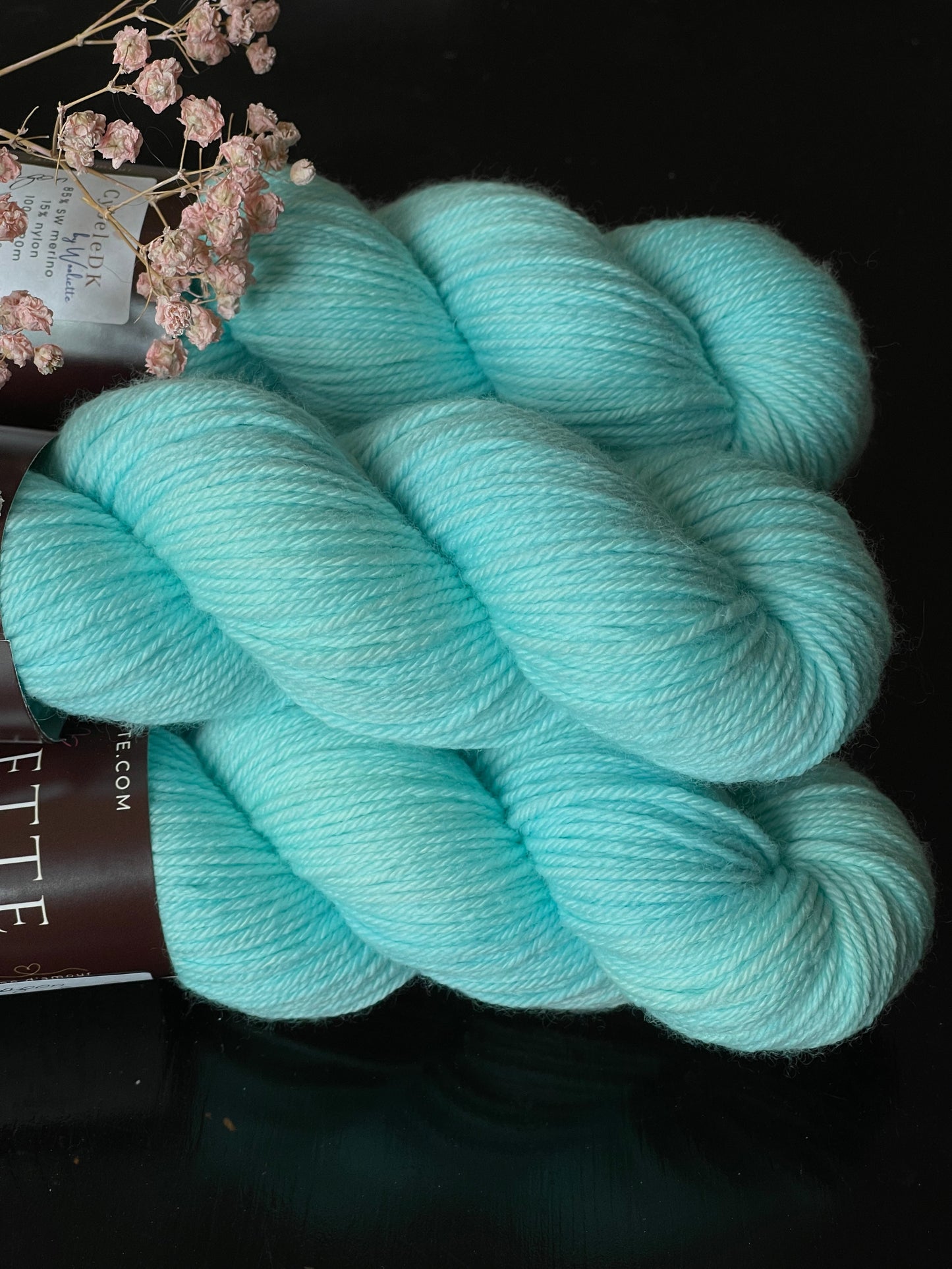 Détail texture laine Cybele DK mérinos nylon coloris vert d'eau pastel Lagon Wooliette