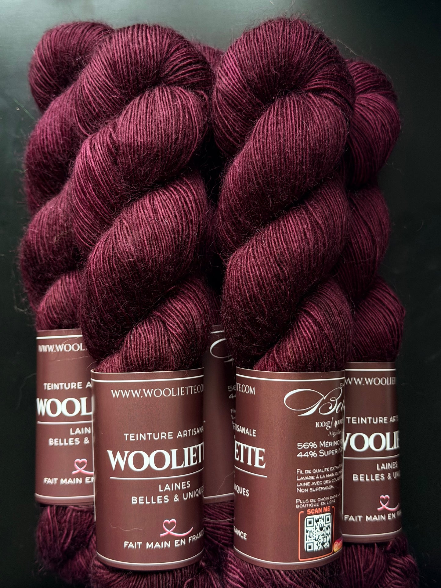 Laine Bellezza Fingering mérinos kid mohair Nuit Toscane bordeaux teinte main Wooliette