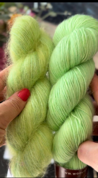 Détail texture laine Bellezza mérinos kid mohair coloris vert tendre Vertigo Wooliette