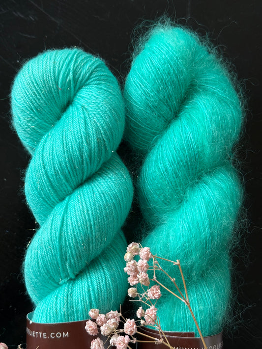 Laine Bimba Fingering mérinos nylon Stellina Bora Bora turquoise teinte main Wooliette