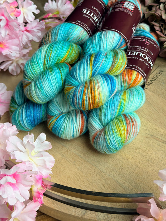 Laine Bimba Fingering mérinos nylon Stellina Allegria turquoise orange teinte main Wooliette