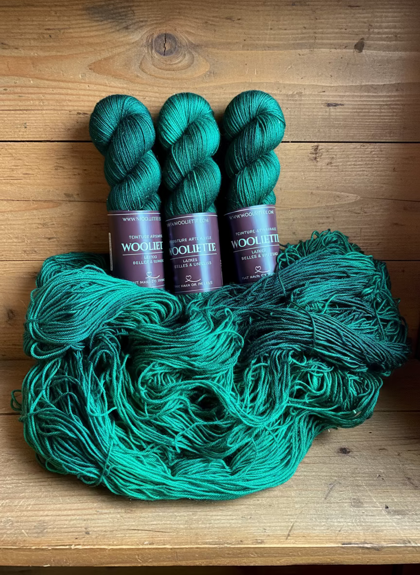 Écheveau laine à chaussettes pailletée fingering Mystic Woods 100g 400m vert sapin profond Wooliette