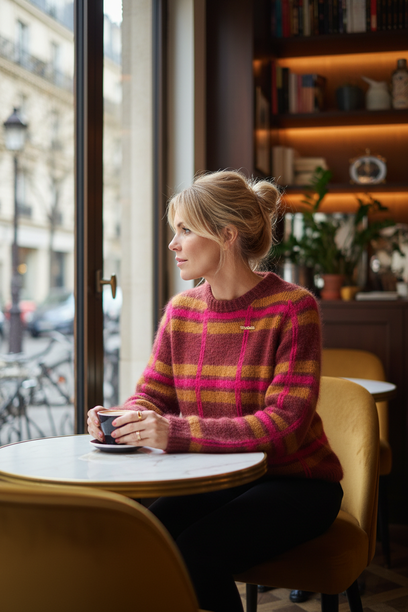 Jeune femme blonde café parisien