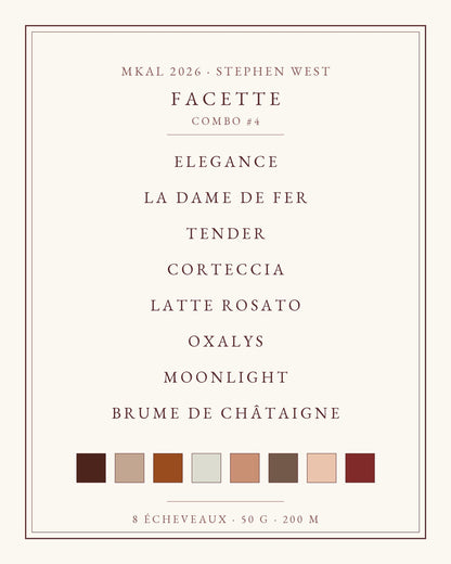 Liste des huit coloris du combo Prisme MKAL Kaleidoscope 2026 Stephen West Wooliette