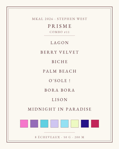 Liste des huit coloris du combo Prisme MKAL Kaleidoscope 2026 Stephen West Wooliette