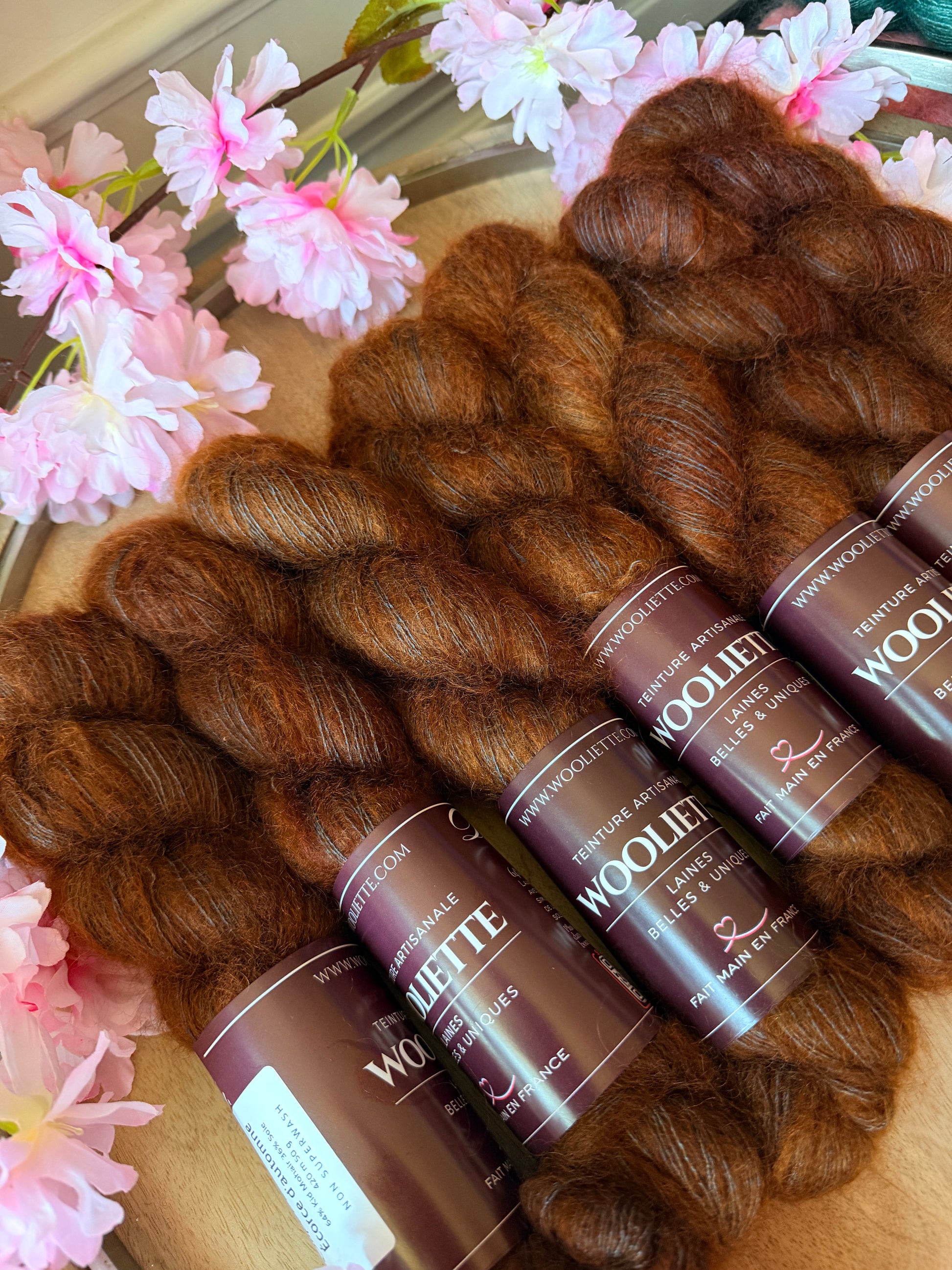 Sept écheveaux laine mohair soie Doucette Écorce d'Automne 50g 420m brun roux Wooliette